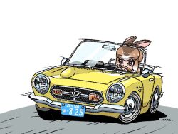 1girl animal_ears brown_eyes brown_hair car driving hair_between_eyes japanese_hare_(kemono_friends) japari_symbol kemono_friends light_brown_hair motion_lines motor_vehicle multicolored_hair rabbit_ears rabbit_girl short_hair sidelocks solo speed_lines tegran two-tone_hair white_hair yellow_car
