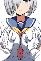 1boy 1girl admiral_(kancolle) belko blue_eyes blue_sailor_collar breasts collarbone gloves grabbing_another&#039;s_breast groping hair_over_one_eye hamakaze_(kancolle) hetero highres kantai_collection looking_at_viewer pov pov_hands sailor_collar school_uniform serafuku short_hair solo_focus white_background white_gloves white_hair