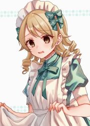 1girl apron bow brown_eyes brown_hair commentary_request dress earrings frilled_apron frills green_bow green_dress highres idolmaster idolmaster_cinderella_girls idolmaster_cinderella_girls_starlight_stage jewelry long_hair looking_at_viewer maid maid_apron maid_headdress morikubo_nono open_mouth puffy_short_sleeves puffy_sleeves ringlets rino_cnc short_sleeves small_sweatdrop solo stud_earrings sweat wavy_mouth white_apron