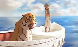 1girl animal bad_id bad_pixiv_id bare_arms bare_shoulders barefoot blue_sky boat brown_hair cloud cloudy_sky cosplay cosplay_request day horizon idolmaster idolmaster_cinderella_girls life_of_pi long_hair morikubo_nono navel ocean outdoors pants ringlets sky solo standing tiger turban uccow water watercraft white_pants