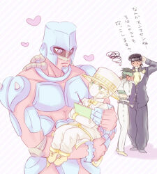 Rule 34 | 2boys, 2others, arm behind head, balcony, belt, black belt, blush, bow, bowtie, carrying, commentary request, crazy diamond, crop top, cropped jacket, diagonal-striped background, diamond wa kudakenai, gakuran, green headband, hand blush, hat, headband, heart, heaven&#039;s door, higashikata josuke, hisohiso (altoblue), holding, holding sketchbook, jojo no kimyou na bouken, kishibe rohan, male focus, midriff, multiple boys, multiple others, pants, princess carry, school uniform, sketchbook, squiggle, stand (jojo), striped background, top hat, translation request, white pants, yaoi, yellow bow, yellow bowtie