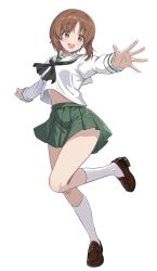 Rule 34 | absurdres, black neckerchief, breasts, brown eyes, brown hair, clothes lift, girls und panzer, highres, loafers, long sleeves, medium hair, midriff peek, navel, neckerchief, nishizumi miho, one eye closed, open mouth, pleated skirt, school uniform, serafuku, shirt, shirt lift, shirt overhang, shoes, skindentation, skirt, small breasts, socks, standing, standing on one leg, stomach, teeth, tongue, upper teeth only, white shirt, white socks, zaofeng