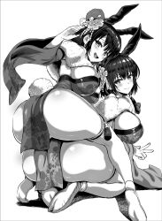 2girls animal_ears arm_up ass blush breasts fake_animal_ears fake_tail fur_shawl greyscale hair_ornament highres japanese_clothes kimono kneeling kojima_saya large_breasts looking_at_viewer monochrome multiple_girls open_mouth original rabbit_ears rabbit_tail shawl short_hair simple_background smile tabi tail tassel thigh_strap white_background wide_sleeves