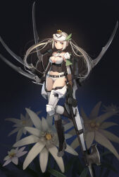 1girl absurdres armor axe bayonet belt boots breasts brown_eyes brown_gloves cleavage closed_mouth detached_sleeves dual_wielding edelweiss_(flower) edelweiss_(megami_device) flower full_body gloves gun highres holding holding_weapon huge_weapon knee_boots large_breasts long_hair looking_at_viewer mecha_musume medium_breasts megami_device midriff multiple_weapons navel pointy_ears rifle short_shorts shorts shoulder_armor solo standing standing_on_one_leg sunga2usagi thighhighs twintails very_long_hair weapon white_flower white_hair white_shorts white_thighhighs yellow_eyes