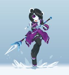 1girl 2020 absurdres animal_ears black_hair black_leggings breasts chinese_clothes chinese_knot dress elbow_gloves freedom_planet freedom_planet_2 furry furry_female gloves highres holding holding_polearm holding_weapon krita_(medium) leggings long_sleeves medium_breasts neera_li panda panda_ears panda_girl polearm purple_dress purple_eyes short_hair simple_background skirt spear standing standing_on_one_leg tsurime tyson_tan weapon
