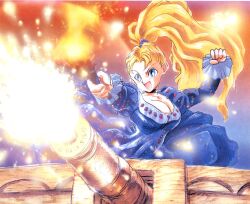 1girl akai_takami aqua_eyes black_choker black_outline blonde_hair blue_background blue_sleeves breasts cannon choker cleavage clenched_hand collarbone curtained_hair explosion fire gainax gem gotzendiener hair_tie highres holding holding_torch juliet_sleeves kish_rim_misa large_breasts long_hair long_sleeves official_art open_mouth outline parted_bangs parted_hair princess puffy_sleeves red_background red_outline scan simple_background solo sparks third-party_source torch traditional_media v-shaped_eyebrows very_long_hair