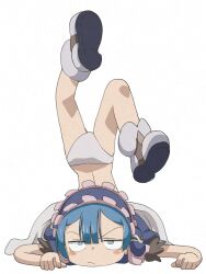 1boy adversarial_noise ass blue_eyes blue_hair blush_stickers center-flap_bangs closed_mouth crossdressing dress frown hairband hashtag-only_commentary highres jitome legs_up lolita_hairband made_in_abyss male_focus maruruk panties shoes short_hair shota solo trap underwear upside-down v-shaped_eyebrows white_panties ximu_shilang