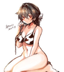 1girl alternate_costume artist_name bikini unworn_bikini_bottom black_hair bottomless braid breasts commentary_request dated hair_flaps highres jingei_(kancolle) kantai_collection kirisawa_juuzou large_breasts long_hair looking_at_viewer red_eyes ribbon seiza single_braid sitting solo swimsuit white_background white_bikini white_ribbon