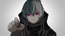 1boy aqua_hair bandaged_arm bandages black_robe evil_grin evil_smile grimms_notes grin highres iumi_urura looking_at_viewer male_focus prometheus_(grimms_notes) red_eyes robe smile solo upper_body white_background white_hair
