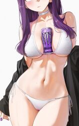 1girl alternate_costume bare_shoulders between_breasts bikini black_coat blunt_bangs blush breasts can can_between_breasts choker coat commentary drink_can energy_drink english_commentary eyes_out_of_frame fern_(sousou_no_frieren) head_out_of_frame highres large_breasts long_hair long_sleeves monster_energy navel off_shoulder open_clothes open_coat purple_hair sidelocks solo sousou_no_frieren stomach swimsuit underboob variant_set waligner white_bikini
