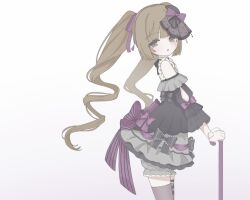 1girl bare_shoulders blush brown_eyes brown_hair cane detached_sleeves doll_joints dress flat_chest frills highres idolmaster idolmaster_cinderella_girls idolmaster_cinderella_girls_starlight_stage joints lolita_fashion long_hair looking_at_viewer nukui_(kzgnri) parted_lips simple_background solo thighhighs twintails yorita_yoshino