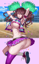 Rule 34 | 1girl, ass, blush, breasts, cheerleader, covered erect nipples, crop top, earrings, heart, heart earrings, highres, honjou raita, jewelry, kuramoto erika, mahou shoujo (raita), no panties, pom pom (cheerleading), purple eyes, red hair, shiny skin, skirt, sweat, twintails, underboob