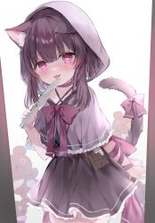 1girl :p absurdres animal_ear_fluff animal_ears black_hair black_skirt bow capelet cat_ears cat_girl cat_tail closed_mouth commission fallenshadow fallenshadow_(1st_costume) fang frilled_capelet frills grey_capelet heart heart-shaped_pupils highres holding holding_knife hood hood_up hooded_capelet indie_virtual_youtuber knife looking_at_viewer pink_eyes purple_bow rucaco second-party_source skeb_commission skin_fang skirt smile solo stuffed_animal stuffed_toy stuffing symbol-shaped_pupils tail tail_bow tail_ornament teddy_bear tongue tongue_out virtual_youtuber white_background
