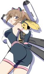 1girl absurdres animal_ears ass blue_eyes blush bodysuit breasts brown_hair cat_ears elbow_gloves fake_animal_ears gloves gundam gundam_build_metaverse haruwo0096 highres hoshino_fumina large_breasts looking_at_viewer looking_back mecha_musume open_mouth ponytail simple_background solo weapon white_background