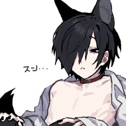 Rule 34 | 1boy, :&lt;, animal ears, bags under eyes, black eyes, black hair, black nails, chino (sky tanosi), collar, dog boy, dog ears, dog tail, hair over one eye, hands on own knees, knees up, male focus, open clothes, open shirt, original, shirt, short hair, simple background, sitting, skinny, solo, tail, translation request, white background, white shirt