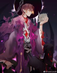 1boy absurdres arm_support black_sun bracelet brown_hair chain hair_between_eyes highres holding holding_skull japanese_clothes jewelry kidoumaru_(onmyoji) looking_at_viewer male_focus onmyoji parted_lips pointy_ears powerlesssong short_hair skull solo sun
