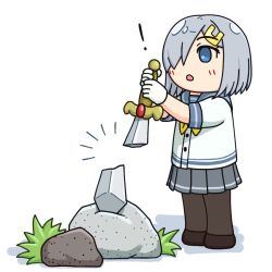 ! 1girl black_pantyhose blue_eyes blue_sailor_collar blush broken broken_weapon brown_shoes commentary_request dress_shirt gloves grass grey_skirt hair_ornament hair_over_one_eye hairclip hama!_(3toshinhmkz) hamakaze_(kancolle) holding holding_weapon kantai_collection neckerchief open_mouth pantyhose pleated_skirt sailor_collar school_uniform shadow shirt shoes short_hair silver_hair simple_background skirt solo stone sword weapon white_background white_gloves white_shirt yellow_neckerchief