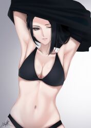 1girl armpits arms_up black_bra black_eyes black_hair black_panties black_shirt bra breasts cleavage collarbone commentary erise eyelashes grey_background highres large_breasts light_smile linea_alba long_hair looking_at_viewer navel one_eye_closed original panties parted_lips shirt signature simple_background solo stomach underwear underwear_only undressing upper_body