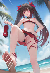 1boy 1girl absurdres bar_censor barefoot beach bell bikini bikini_bottom_aside bikini_top_pull black_bikini black_hair blue_sky cc_lin censored clothing_aside commentary_request feet footjob hetero highres holding holding_sandals honkai:_star_rail honkai_(series) long_hair mosaic_censoring navel neck_bell nipples ocean outdoors palm_tree penis purple_eyes pussy sandals sky soles sparkle_(honkai:_star_rail) stomach swimsuit toes tongue tongue_out tree twintails very_long_hair