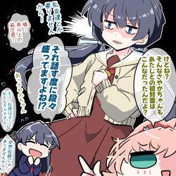 2girls ^_^ black_background black_hair blue_ribbon blue_sweater blush brown_cardigan brown_dress cardigan clenched_hand closed_eyes commentary dress embarrassed glint hair_ornament hair_ribbon half_updo hand_on_own_hip hasu_no_sora_school_uniform hinoshita_kaho hinoshita_kaho_(summer_loungewear) jitome link!_like!_love_live! long_hair long_sleeves love_live! low_twintails mole mole_on_neck multiple_girls multiple_views murano_sayaka murano_sayaka_(summer_loungewear) navyblue_konjac neckerchief nose_blush open_cardigan open_clothes open_mouth parted_lips pleated_dress ponytail rabbit_hair_ornament red_neckerchief red_ribbon ribbon sailor_collar sailor_dress school_uniform short_hair simple_background speech_bubble sweater translation_request twintails v-shaped_eyebrows virtual_youtuber white_sailor_collar winter_uniform