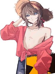 1boy :&lt; blue_eyes brown_hair collarbone drill_hair drill_ponytail edgar_valden flat_chest hand_on_headwear hat highres identity_v open_clothes open_shirt ponytail red_shirt shirt single_drill sketchbook solo_focus straw_hat sun_hat trap u0el_t unbuttoned unbuttoned_shirt