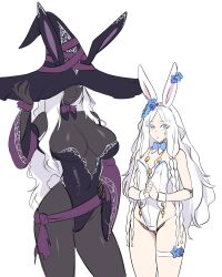 2girls adapted_costume black_skin breasts colored_skin curvy dark-skinned_female dark_skin detached_sleeves doll_joints elden_ring elden_ring_nightreign hat_over_one_eye highleg highleg_leotard highres joints large_breasts large_hat leotard looking_at_viewer mokotoko9 multiple_girls playboy_bunny recluse_(elden_ring) revealing_clothes revenant_(elden_ring) small_breasts smile strapless strapless_leotard very_dark_skin white_hair wide_hips witch