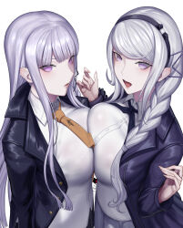 2girls absurdres black_jacket breasts breasts_squeezed_together creator_connection danganronpa:_trigger_happy_havoc danganronpa_(series) female_focus hand_up highres jacket kirifuji_nozomi kirigiri_kyoko large_breasts long_hair long_sleeves looking_at_viewer monokuma multiple_girls open_mouth purple_eyes purple_hair purple_jacket shirt simple_background teeth the_hundred_line_-last_defense_academy- turning_head white_background white_hair white_shirt yuri
