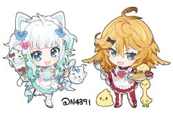 2girls :d ahoge alternate_costume apron aqua_dress aqua_eyes blonde_hair blue_eyes broken_heart chibi commentary dokibird_(vtuber) dokibird_(vtuber)_(bounty_hunter) dokibird_(vtuber)_(tomato) dragoon_(dokibird) dress english_commentary fang food french_fries frills full_body gradient_hair hair_ornament hairclip heart holding holding_food holding_spoon holding_spork ice_cream indie_virtual_youtuber looking_at_viewer maid_headdress medium_hair mint_fantome mint_fantome_(minto_2.0) multicolored_hair multiple_girls n4391 open_mouth pants red_dress red_pants shoes simple_background skin_fang smile socks spoon spork sundae triangular_headpiece twitter_username two_side_up virtual_youtuber white_apron white_background white_hair wisps_(mint_fantome)