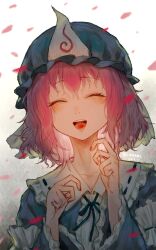 1girl ^_^ absurdres artist_name black_ribbon blue_hat blue_kimono blush center_frills closed_eyes commentary dated facing_viewer falling_petals frills hat highres hua_ha_jiazi japanese_clothes kimono long_sleeves mob_cap nail_polish neck_ribbon open_mouth petals pink_hair pink_nails pink_petals ribbon ribbon-trimmed_collar ribbon_trim saigyouji_yuyuko short_hair sleeve_garter smile solo symbol-only_commentary touhou triangular_headpiece upper_body
