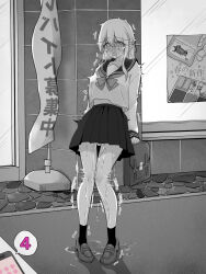 1girl @_@ arms_behind_back bag commentary_request controller greyscale highres holding holding_bag implied_vibrator kakuremino7928 large_variant_set long_hair miniskirt monochrome open_mouth original outdoors paid_reward_available pleated_skirt pussy_juice remote_control remote_control_vibrator sailor_collar sailor_shirt school_uniform serafuku sex_toy shirt shoes skirt socks solo standing tearing_up trembling variant_set vibrator wireless_sex_toy_controller