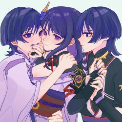 1girl 2boys armor behind_another black_nails blue_hair blunt_bangs breasts bridal_gauntlets chinese_commentary cleavage closed_mouth dual_persona eyeliner face-to-face from_side genshin_impact green_background group_sex hair_between_eyes hair_ornament hand_on_another&#039;s_face hand_on_another&#039;s_shoulder hand_on_another&#039;s_wrist hetero highres incest japanese_clothes kimono leaning_back leaning_forward leaning_on_person light_blush long_hair looking_at_another looking_to_the_side makeup mmf_threesome mole mole_under_eye mother_and_son multicolored_hair multiple_boys neck_ribbon off_shoulder purple_eyes purple_hair purple_kimono purple_nails raiden_shogun red_eyeliner red_ribbon red_sash ribbon sash scaramouche_(genshin_impact) scaramouche_(kabukimono)_(genshin_impact) short_hair short_sleeves shoulder_armor simple_background streaked_hair threesome torso_grab two-tone_hair xiaosudeyun