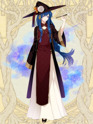 1boy :d arm_at_side asukai_fujihiko blue_hair braided_sidelocks brown_coat butterfly_hat_ornament coat crossdressing crossdressing_(mtf) dairoku_ryouhei dress earrings flower full_body gold_trim hand_up hat hat_flower hat_ornament hat_ribbon hat_tassel holding holding_paintbrush jewelry l_(matador) long_dress long_hair long_sleeves looking_at_viewer low-braided_long_hair low-tied_long_hair male_focus open-toe_shoes open_clothes open_coat open_mouth paint paintbrush patterned_clothing purple_eyes red_dress red_hat red_ribbon red_shoes ribbon rose shippou_(pattern) shoes sidelocks sleeves_past_fingers sleeves_past_wrists smile solo standing swept_bangs trap very_long_hair white_dress white_flower white_rose witch_hat