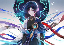 1boy anemo_symbol_(genshin_impact) armor arms_at_sides belt black_belt black_bodysuit black_bridal_gauntlets black_hair black_shorts blue_cape blue_gemstone blue_halo blue_kimono blue_sleeves blunt_ends bodysuit bridal_gauntlets cape closed_mouth eyelashes eyeliner eyeshadow feathers furisode gem genshin_impact hair_intakes halo halo_behind_head hip_vent japanese_armor japanese_clothes juban kimono kote kurokote layered_sleeves looking_at_viewer makeup male_focus mandarin_collar multicolored_hair neyti_(neytirv) night night_sky niwa_(genshin_impact) open_clothes open_kimono pom_pom_(clothes) purple_hair purple_rope purple_sash red_eyeliner red_eyeshadow rope sash scaramouche_(genshin_impact) scaramouche_(kabukimono)_(genshin_impact) short_sleeves shorts shoulder_peek sky solo star_(sky) starry_sky streaked_hair tassel vision_(genshin_impact) wanderer_(genshin_impact) white_kimono white_sleeves white_trim wispy_bangs yellow_feathers