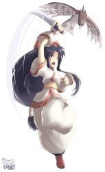 1girl ainu_clothes arm_up armpits artist_name attack breasts brown_eyes clenched_hand fingerless_gloves gamesquid gloves hair_ribbon highres legs long_hair mamahaha medium_breasts nakoruru open_mouth pants purple_hair ribbon samurai_spirits serious snk teeth the_king_of_fighters thighs tongue very_long_hair weapon