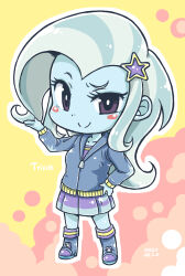 1girl blue_boots blue_jacket blue_skin blush_stickers boots bright_pupils character_name chibi chibi_only closed_mouth collarbone colored_skin commentary_request full_body grey_hair hair_ornament hand_on_own_hip hand_up high_heel_boots high_heels highres hood hood_down hooded_jacket jacket knee_boots long_hair long_sleeves looking_at_viewer miniskirt my_little_pony my_little_pony:_equestria_girls my_little_pony:_friendship_is_magic outline pleated_skirt purple_eyes purple_skirt raised_eyebrow red_background simple_background skirt smile solo standing star_(symbol) star_hair_ornament trixie_lulamoon trixie_lulamoon_(equestria_girls) uneven_eyes white_outline white_pupils yellow_background yokoyoko_(nazonazo)