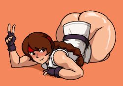 1girl ass bend braid braided_ponytail breasts brown_eyes brown_hair clothes_lift curvy dougi female_focus flexible gloves hairband huge_ass karate_gi kneeling long_hair looking_back medium_breasts no_panties no_pants pale_skin ponytail royalmilk20 single_braid skirt skirt_lift smile smiley_face the_king_of_fighters thick_thighs thighs top-down_bottom-up undressing vexwarlock wide_hips yuri_sakazaki