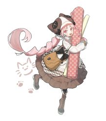 Rule 34 | 1girl, bag, braid, brown dress, dress, fabric, fate/grand order, fate (series), full body, habetrot (fate), hat, highres, kabutomushi s, long hair, paw print, pincushion, pink eyes, pink hair, pointy ears, satchel, twin braids, white background