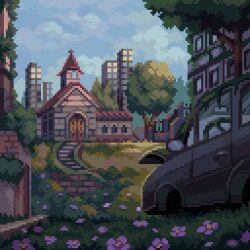 abandoned abandoned_car architecture blue_sky building bush car church city cloud cloudy_sky day flower grass highres moss motor_vehicle no_humans original outdoors overgrown pixel_art plant ruins scenery scilex sky stairs tree