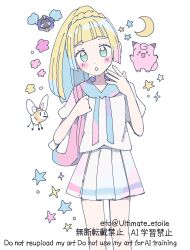 1girl :o backpack bag blonde_hair blush chibi chibi_inset clefairy cosmog crescent_moon cutiefly gen_1_pokemon gen_7_pokemon green_eyes highres legendary_pokemon lillie_(pokemon) long_hair looking_at_viewer moon nintendo open_mouth pink_bag pleated_skirt pokemon pokemon_(creature) pokemon_sm ponytail remoooon shirt short_sleeves skirt white_shirt white_skirt