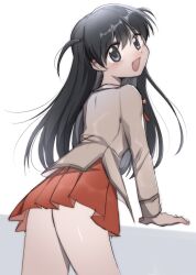 1girl :d arm_support ass asukujira black_hair blue_eyes blush brown_jacket chinese_commentary commentary cowboy_shot from_behind hair_between_eyes highres jacket long_hair long_sleeves looking_at_viewer looking_back miniskirt neck_ribbon open_mouth pleated_skirt red_ribbon red_skirt ribbon school_rumble school_uniform simple_background sketch skirt smile solo tsukamoto_tenma two_side_up white_background