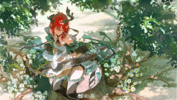 1girl bare_shoulders boots chinese_commentary ciaccona_(wuthering_waves) closed_eyes closed_mouth commentary_request hair_between_eyes highres holding holding_instrument horns instrument long_hair outdoors pointy_ears red_hair sitting solo thigh_boots wuthering_waves xiaojiaju