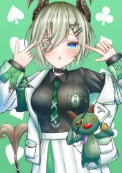 Rule 34 | 1girl, :o, absurdres, black choker, black shirt, blue eyes, blush, breast pocket, breasts, brown horns, choker, cola (250ml cola), commentary request, cowboy shot, curled horns, demon girl, demon horns, demon tail, green background, green hair, green necktie, hair between eyes, hair ornament, hairclip, highres, horns, large breasts, long bangs, looking at viewer, nanashi inc., necktie, open mouth, pleated skirt, pocket, pointing, pointing at self, sekishiro mico, sekishiro mico (9th costume), shirt, shirt tucked in, short hair, skirt, solo, stuffed demon, tail, tsukaima (sekishiro mico), virtual youtuber, white skirt, x hair ornament