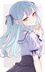 1girl bang_dream! bang_dream!_it&#039;s_mygo!!!!! black_skirt blue_hair border commentary e20 highres long_hair looking_at_viewer open_mouth outside_border shirt short_sleeves sidelocks skirt solo togawa_sakiko white_border white_shirt yellow_eyes