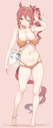 1girl absurdres ahoge animal_ears arm_up barefoot bikini bow bracelet breasts cloba closed_mouth collarbone commentary dated drill_hair full_body gluteal_fold hair_between_eyes heart highres horse_ears horse_girl horse_tail jewelry large_breasts looking_at_viewer navel norn_ace_(umamusume) one_eye_closed pink_background red_bow side_drill signature simple_background solo swimsuit tail umamusume w