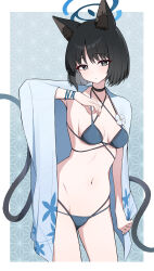 absurdres animal_ears bikini black_eyes black_tail blue_archive blue_bikini blue_halo blue_tail cat_ears cat_girl cat_tail colored_inner_animal_ears criss-cross_halter criss-cross_straps gradient_tail halo halterneck highres inedibleparts kikyou_(blue_archive) kikyou_(swimsuit)_(blue_archive) layered_bikini multi-strapped_bikini_bottom multiple_tails swimsuit tail two_tails