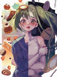 2girls bare_shoulders blue_sailor_collar blue_shirt blue_skirt blush cake cake_slice commentary_request covered_collarbone cupcake elbow_gloves eyewear_on_head fingerless_gloves food glasses gloves green_eyes green_hair gumi hatsune_miku highres long_hair multiple_girls numbers_(pigpenandpaper) open_mouth red-framed_eyewear sailor_collar school_uniform serafuku shirt side_ponytail skirt sleeveless sleeveless_shirt swiss_roll thick_eyebrows twitter_username very_long_hair vocaloid white_gloves white_shirt white_skirt yowamushi_mont-blanc_(vocaloid)