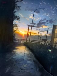 Rule 34 | absurdres, banishment, building, cloud, commentary request, grass, highres, lamppost, no humans, original, outdoors, reflection, road sign, scenery, sign, sky, sun, sunlight, sunset, tree, utility pole, water, window