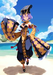 1girl arm_at_side bare_shoulders beach black_hat black_pants black_shoes blue_sky breasts chinese_clothes chinese_knot closed_mouth clothing_request cloud detached_collar detached_sleeves double-parted_bangs fate/grand_order fate_(series) floating_clothes frilled_sleeves frills full_body game_cg hair_between_eyes hand_on_own_hip harada_takehito hat horizon leg_up looking_at_viewer medium_breasts no_socks ocean official_art pants pelvic_curtain pink_eyes puffy_pants purple_hair sand shoes short_hair sky sleeves_past_fingers sleeves_past_wrists smile solo standing standing_on_one_leg tassel third-party_source variant_set wide_sleeves wu_zetian_(fate) wu_zetian_(swimsuit_caster)_(fate) wu_zetian_(swimsuit_caster)_(second_ascension)_(fate) yellow_collar yellow_sleeves