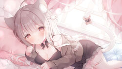 1girl ahoge animal_ear_fluff animal_ears bare_shoulders black_dress black_ribbon blush breasts brown_eyes cardigan cat_ears cat_girl cat_tail choker cleavage closed_mouth commentary_request curtains cushion dated dress feet_out_of_frame frilled_dress frills grey_cardigan grey_hair head_on_pillow indie_virtual_youtuber indoors long_hair looking_at_viewer lying medium_breasts mole mole_under_eye omochi_monaka on_side pillow ribbon ribbon_choker signature sleeveless sleeveless_dress smile solo tail tail_strap thigh_strap uise_iu very_long_hair virtual_youtuber window