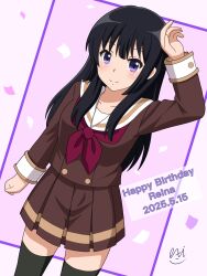 1girl absurdres arm_up black_hair black_thighhighs breasts brown_shirt brown_skirt closed_mouth confetti cowboy_shot dated dutch_angle exiad happy_birthday hibike!_euphonium highres kitauji_high_school_uniform kousaka_reina long_hair looking_at_viewer neckerchief pleated_skirt purple_background purple_eyes red_neckerchief sailor_collar school_uniform serafuku shirt skirt smile solo thighhighs very_long_hair white_sailor_collar winter_uniform zettai_ryouiki
